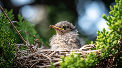 noticeably. A fluffy fledgling bird in a nest, smaller than its siblings, with a soft-focus background. wildlife magazines, conservation campaigns, designed for eco-tourism storytelling.
