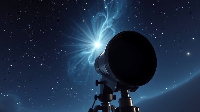A dramatic, wide-angle photograph of a scientist looking through a powerful telescope at a distant supernova, deep space backdrop, cinematic