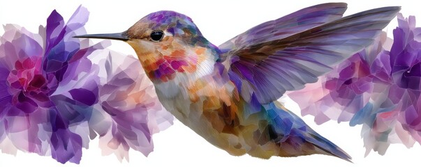Colorful stained glass style depiction of a hummingbird surrounded by vibrant flowers creating a whimsical atmosphere
