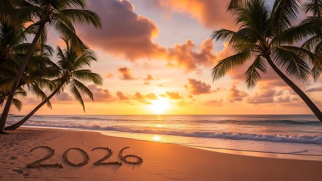 Tropical beach sunset with 2026 written in sand for new year