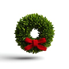 Festive boxwood wreath with red bow isolated on white background, holiday decor
