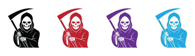 Grim reaper or death with hood and skull wielding a scythe flat simple icon .  Grim reapers in different colors on white background vector.