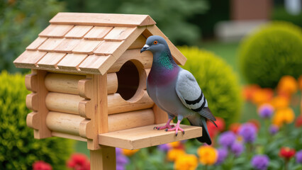 Obraz premium Pigeon perched on wooden birdhouse surrounded by colorful flowers and greenery, creating serene garden scene