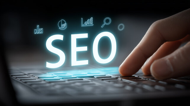 A digital strategy concept illustrated with an illuminated SEO symbol above a keyboard representing online visibility, growth planning and performance optimization across digital platforms.
- Powered by Adobe