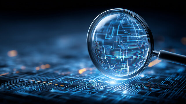 A cybersecurity exploration concept illustrated with a magnifying glass revealing digital circuit structures symbolizing system inspection, threat detection and analytical investigation.

