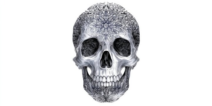 Detailed tattoo mockup design featuring a skull in intricate black shading with a minimalist aesthetic
