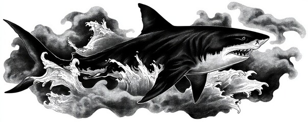 Tattoo mockup design featuring a detailed illustration of a shark swimming through stylized waves