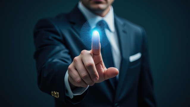 Businessman in suit interacts with digital interface, showcasing technology and innovation. glowing effect emphasizes futuristic theme
