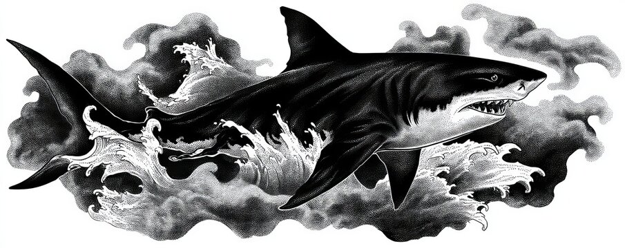 Tattoo mockup design featuring a detailed illustration of a shark swimming through stylized waves