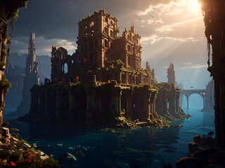 Fototapeta premium 水没した文明の遺跡と未来都市の廃墟風景