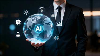 Businessman holding a glowing globe with AI symbol and technology icons floating around it