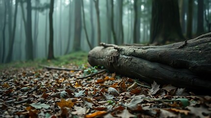 An extremely lifelike depiction of a misty forest floor, fallen leaves and decaying logs, muted greens and browns, atmospheric perspective, shallow depth of field, close-up detail