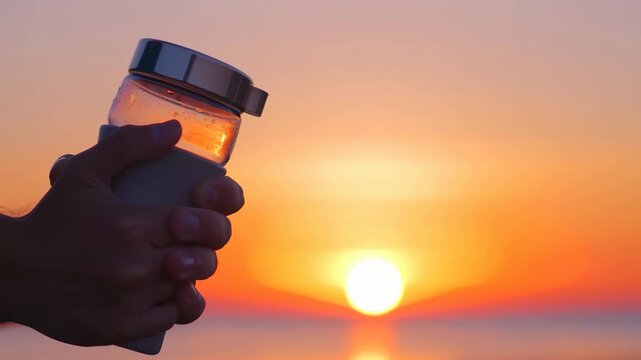 Silhouette Of Hands Holding Jar At Sunset, Calm Beach Scene With Hands Gripping Glass Bottle At Sunset