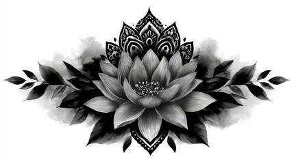 Detailed black and white tattoo mockup design featuring a stylized lotus flower surrounded by intricate elements