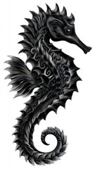 Detailed black tattoo mockup design of a seahorse with intricate features and spiky fins