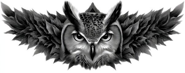 Intricate black and white tattoo mockup featuring a stylized owl with detailed feathers and wing elements