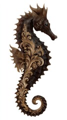 Ornate seahorse tattoo design featuring intricate floral patterns in earthy tones