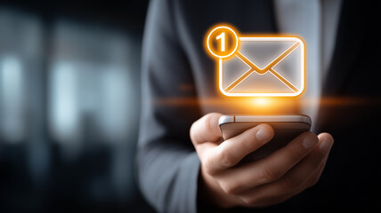 A conceptual representation of digital communication as a business person receives a new message notification symbolizing connectivity, responsiveness and modern interaction.