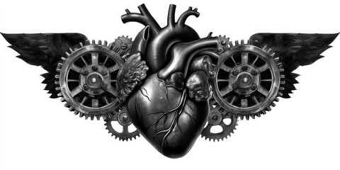 Intricate tattoo design featuring a mechanical heart surrounded by cogs and gears, depicting a steampunk aesthetic