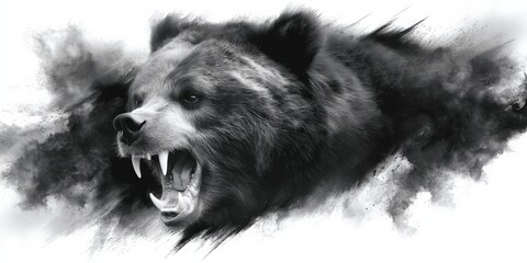 Detailed tattoo mockup design of a roaring bear with intricate black and white watercolor splashes