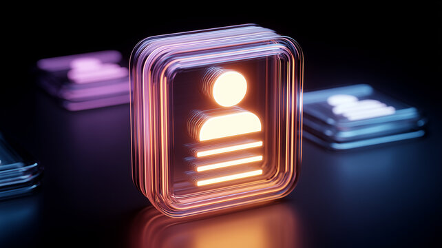 A luminous digital profile icon encased in layered glasslike structures representing personal identification, technological management and modern data organization across professional digital platform