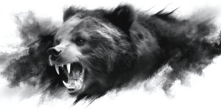 Detailed tattoo mockup design of a roaring bear with intricate black and white watercolor splashes