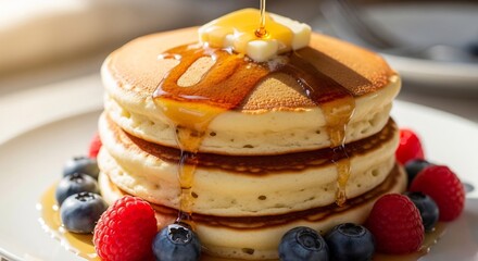 Stack of pancakes with butter syrup and berries