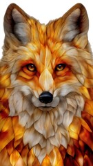 Stained glass artwork of a fox face in vibrant oranges and browns with intricate patterns