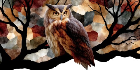 Stained glass style illustration of an owl perched on a branch with abstract colorful background