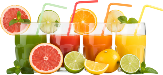 Variety of fresh squeezed fruit juices in glasses studio shot
