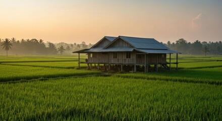 Rustic wooden houses in a vast green paddy field at dawn