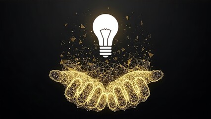 Creative idea concept with lightbulb and hands made of golden network on black background, representing innovation and inspiration