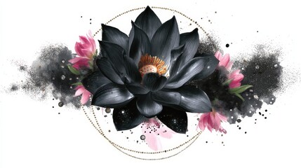 Tattoo mockup design featuring a black lotus flower surrounded by pink floral accents and abstract ink splashes