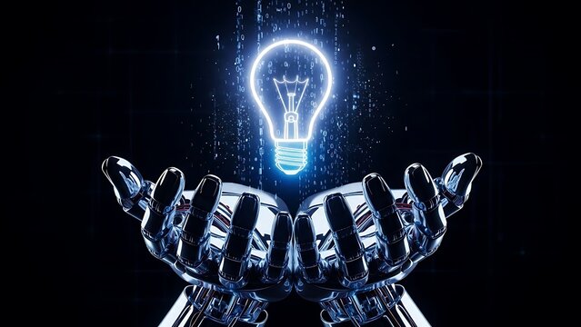 Robot Hands Holding Digital Light Bulb, Symbolizing AI Innovation