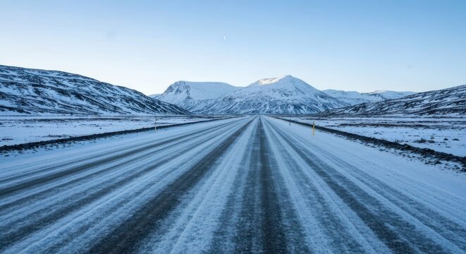 Snowy road leading to distant mountains under a pale sky
