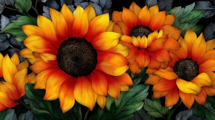 Colorful stained glass style sunflowers with intricate patterns and vibrant shades of yellow and orange against a textured background