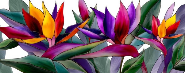Vibrant tropical flowers with rich colors resembling stained glass art, showcasing exotic hues and intricate petals