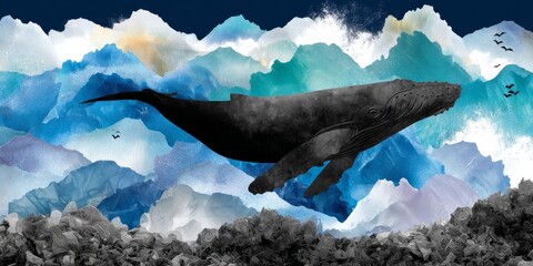A sleek whale swimming amidst vibrant waves and colorful abstract mountains, creating a serene and dynamic underwater atmosphere