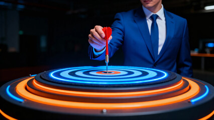 Man in suit aiming red dart at illuminated target with concentric rings	