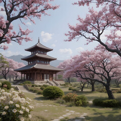 Fototapeta premium Serene Japanese Pagoda Amid Blooming Cherry Blossoms