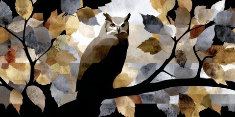 Stained glass style owl perched among autumn leaves in earthy tones, creating a serene and artistic atmosphere
