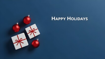 A modern holiday banner with a 'Happy Holidays' message. Features a minimalist top-view arrangement of a few red ornaments and white gift boxes on a sleek blue background. Clean, graphic design with a