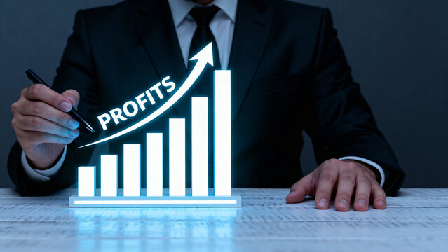 Businessman pointing to a glowing bar graph showing increasing profits with an upward arrow