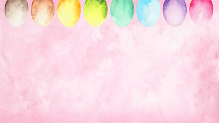 Soft pink Easter background with colorful watercolor eggs forming a playful top border. A cheerful, kid-friendly spring design perfect for cards, posters, worksheets, and holiday invitations