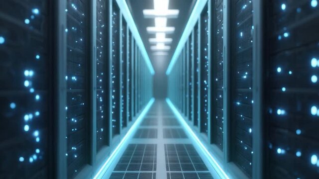 Futuristic Data Center Corridor with Bright LED Lights and High-Tech Server Racks for Technology and Networking Concepts 4k video footage