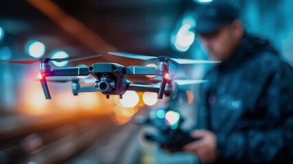 Close-up of a drone flying in a dark industrial tunnel, controlled by an operator in the background - Powered by Adobe