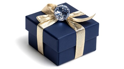 Elegant blue gift box with golden ribbon and diamond isolated on white background