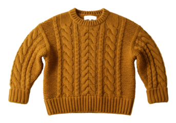 Luxurious oversized ochre chunky knit sweater displaying detailed aran cable patterns, flat lay on a transparent background with soft studio lighting. Concept of cozy autumnal fashion appeal