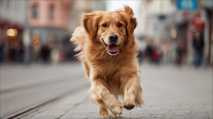 A golden retriever is joyfully running towards the camera in a city street