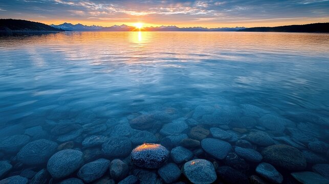 A beautiful sunset over a lake with mountains in the background and rocks in the foreground. The water is calm and the sky is colorful.